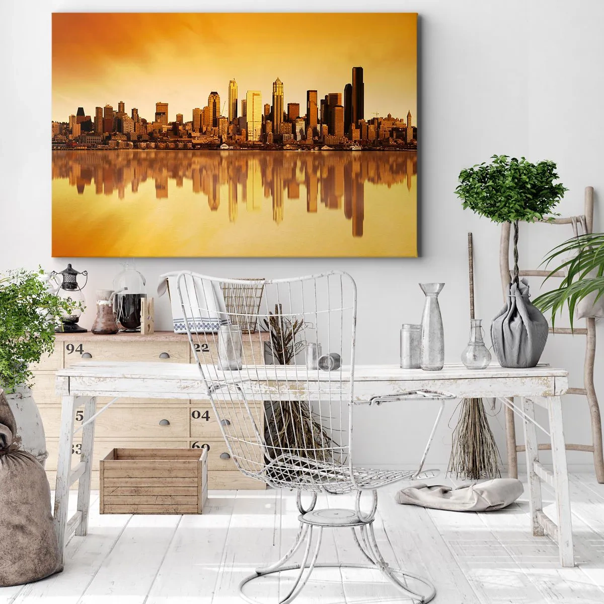 Obraz na plátně - Panorama města odrážející se ve vodě při západu slunce - 70x50cm - Ticho metropole - Moderní nástěnná dekorace do obývacího pokoje a ložnice ARTTOR