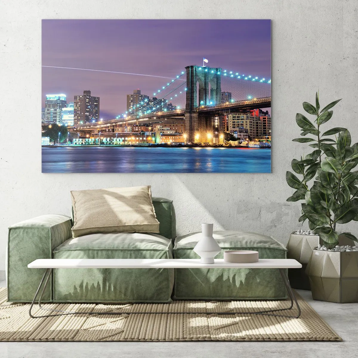 Obraz na skle - Brooklynský most v noci s osvětlenými věžemi a městem - 70x50cm - Po mnoho let Brooklynský most - Moderní nástěnná dekorace do obývacího pokoje a ložnice ARTTOR