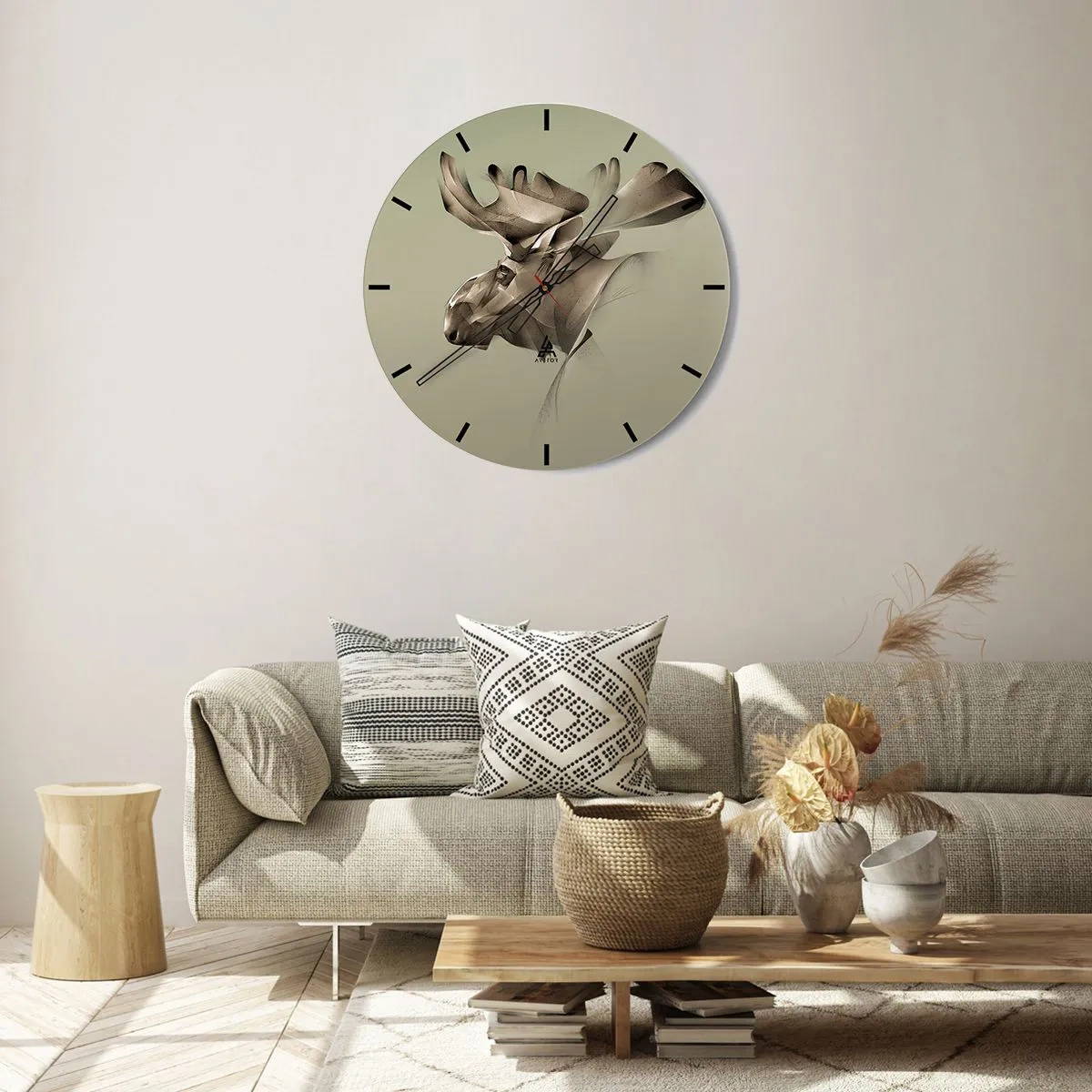 Nástěnné hodiny - Los s geometrickým vzorem na zeleném pozadí - 30x30cm - Jemná síla klidu - Moderní nástěnná dekorace do obývacího pokoje, kuchyně a ložnice ARTTOR