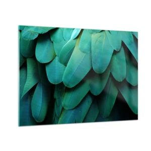 Obraz na skle - Detailní záběr na sytě zelené peří papouška. - 70x50cm - Přesnost papouščí povahy - Moderní nástěnná dekorace do obývacího pokoje a ložnice ARTTOR