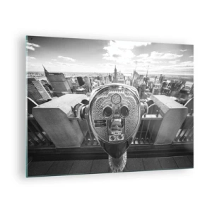 Obraz na skle - Černobílý pohled na New York pozorovacím dalekohledem - 70x50cm - Město nad městy - Moderní nástěnná dekorace do obývacího pokoje a ložnice ARTTOR