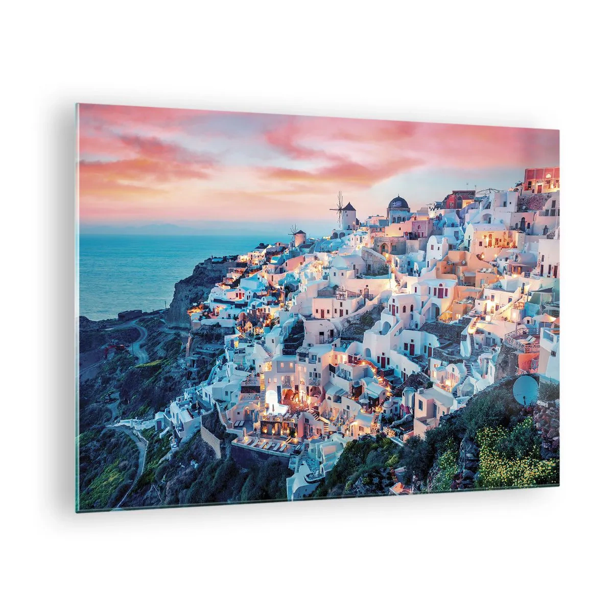 Obraz na skle - Řecké útesové město za soumraku s výhledem na moře - 70x50cm - Tvoje tlustá řecká dovolená - Moderní nástěnná dekorace do obývacího pokoje a ložnice ARTTOR
