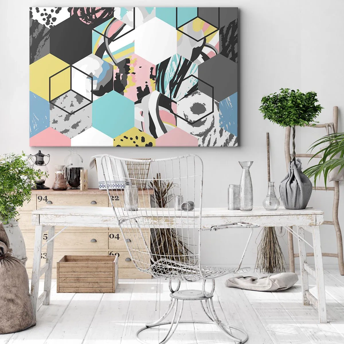 Obraz na plátně - Geometrický šestiúhelníkový vzor s barevnými abstraktními detaily - 70x50cm - Šestiúhelníky a krychle v šesti barvách - Moderní nástěnná dekorace do obývacího pokoje a ložnice ARTTOR