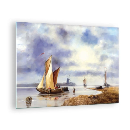 Obraz na skle - Plachetnice na klidném jezeře s větrnými mlýny v pozadí - 70x50cm - Návrat námořníků - Moderní nástěnná dekorace do obývacího pokoje a ložnice ARTTOR