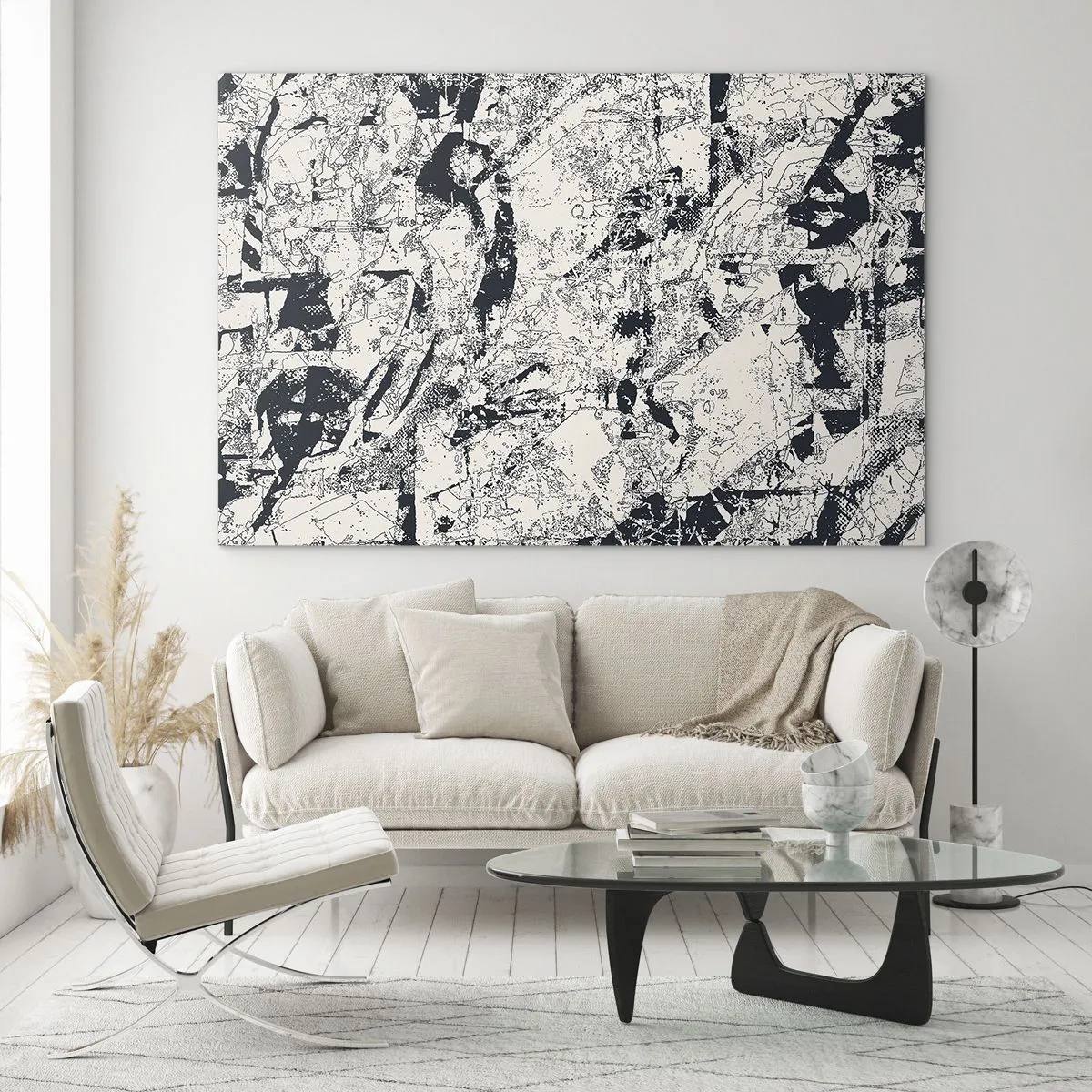 Obraz na skle - Černobílá abstrakce s dynamickými liniemi a texturami - 70x50cm - Prolínání protikladů - Moderní nástěnná dekorace do obývacího pokoje a ložnice ARTTOR