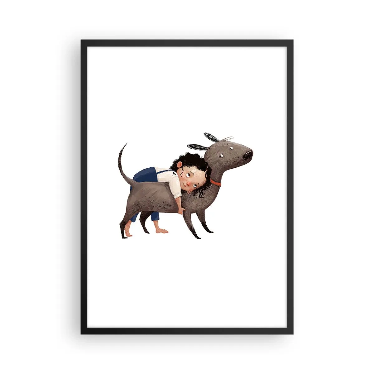Plakát v černém rámu - Ilustrace dítěte objímajícího psa na bílém pozadí - 50x70cm - Nejlepší přátelé - Moderní nástěnná dekorace do obývacího pokoje a ložnice ARTTOR