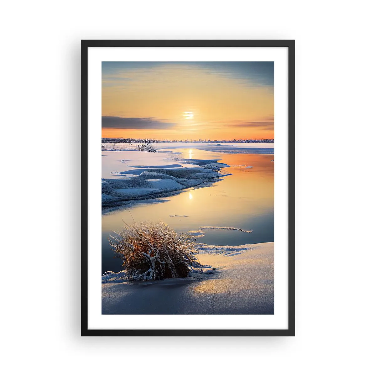Plakát v černém rámu - Zimní krajina s řekou při západu slunce - 50x70cm - Zimní západ slunce - Moderní nástěnná dekorace do obývacího pokoje a ložnice ARTTOR
