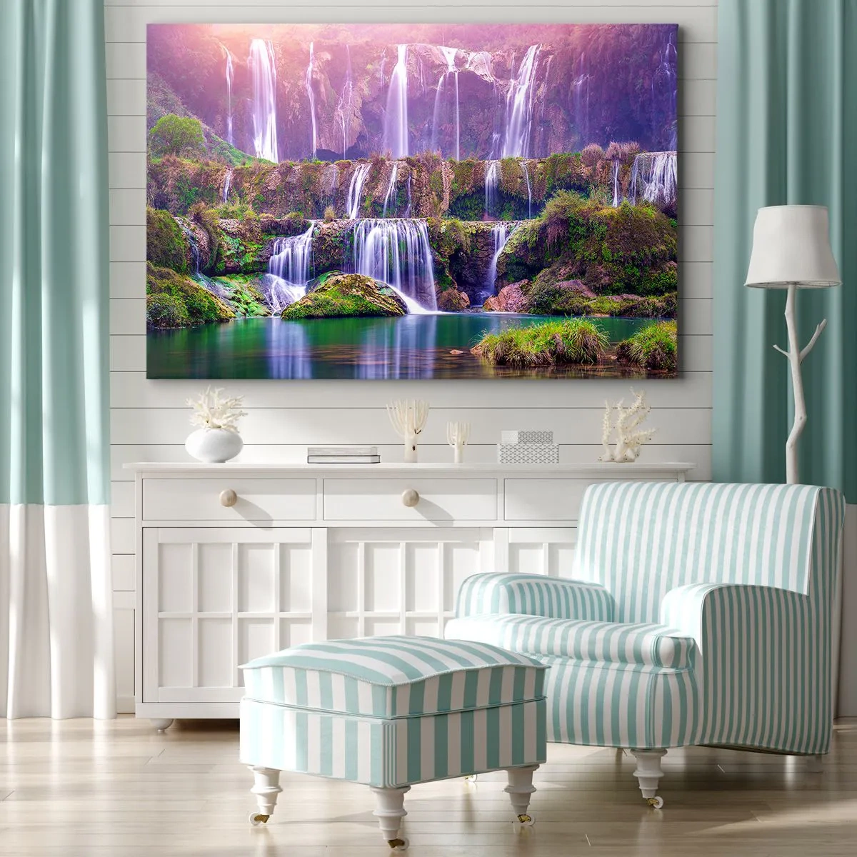 Obraz na plátně - Vodopády obklopené zelení s pastelovým osvětlením - 70x50cm - Schody do nebe - Moderní nástěnná dekorace do obývacího pokoje a ložnice ARTTOR