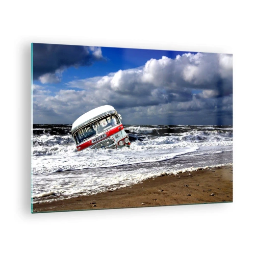 Obraz na skle - Starý autobus ve vodách rozbouřeného moře - 70x50cm - A čemu se divíš? - Moderní nástěnná dekorace do obývacího pokoje a ložnice ARTTOR