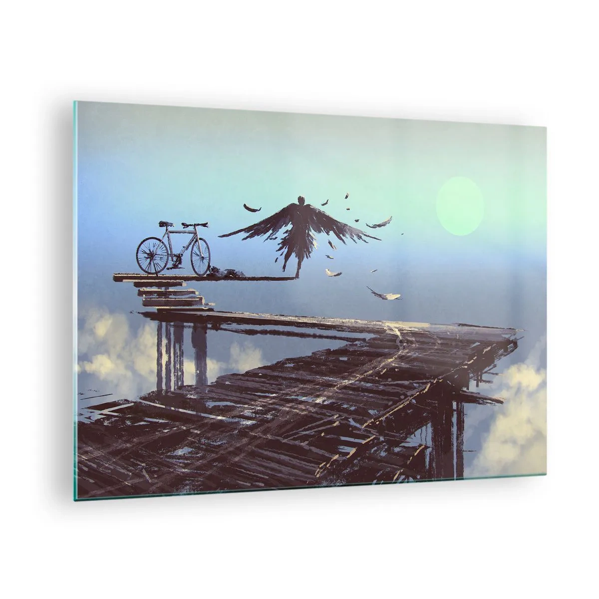 Obraz na skle - Postava s kolem na dřevěném mostě nad mraky - 70x50cm - Ikaros věčně živý - Moderní nástěnná dekorace do obývacího pokoje a ložnice ARTTOR