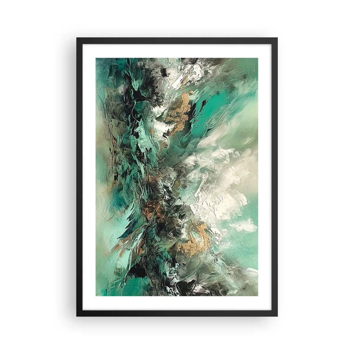 Plakát v černém rámu - Abstraktní kompozice v odstínech zelené a zlaté - 50x70cm - Smaragdově černé vlnobití - Moderní nástěnná dekorace do obývacího pokoje a ložnice ARTTOR
