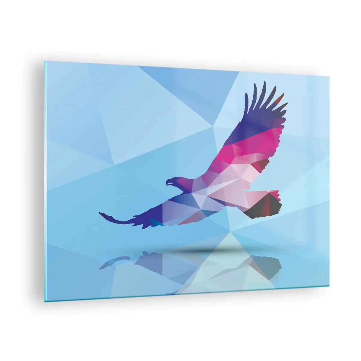 Obraz na skle - Geometrický orel na modrém pozadí - 70x50cm - Orel v liliovém křišťálu - Moderní nástěnná dekorace do obývacího pokoje a ložnice ARTTOR