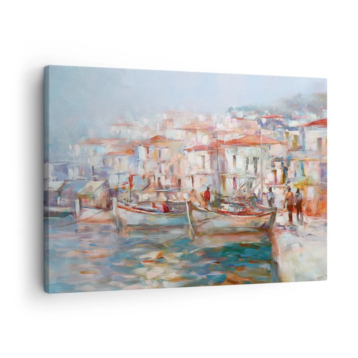Obraz na plátně - Dojem z přístavu s loděmi a budovami - 70x50cm - Pastelová dovolená - Moderní nástěnná dekorace do obývacího pokoje a ložnice ARTTOR