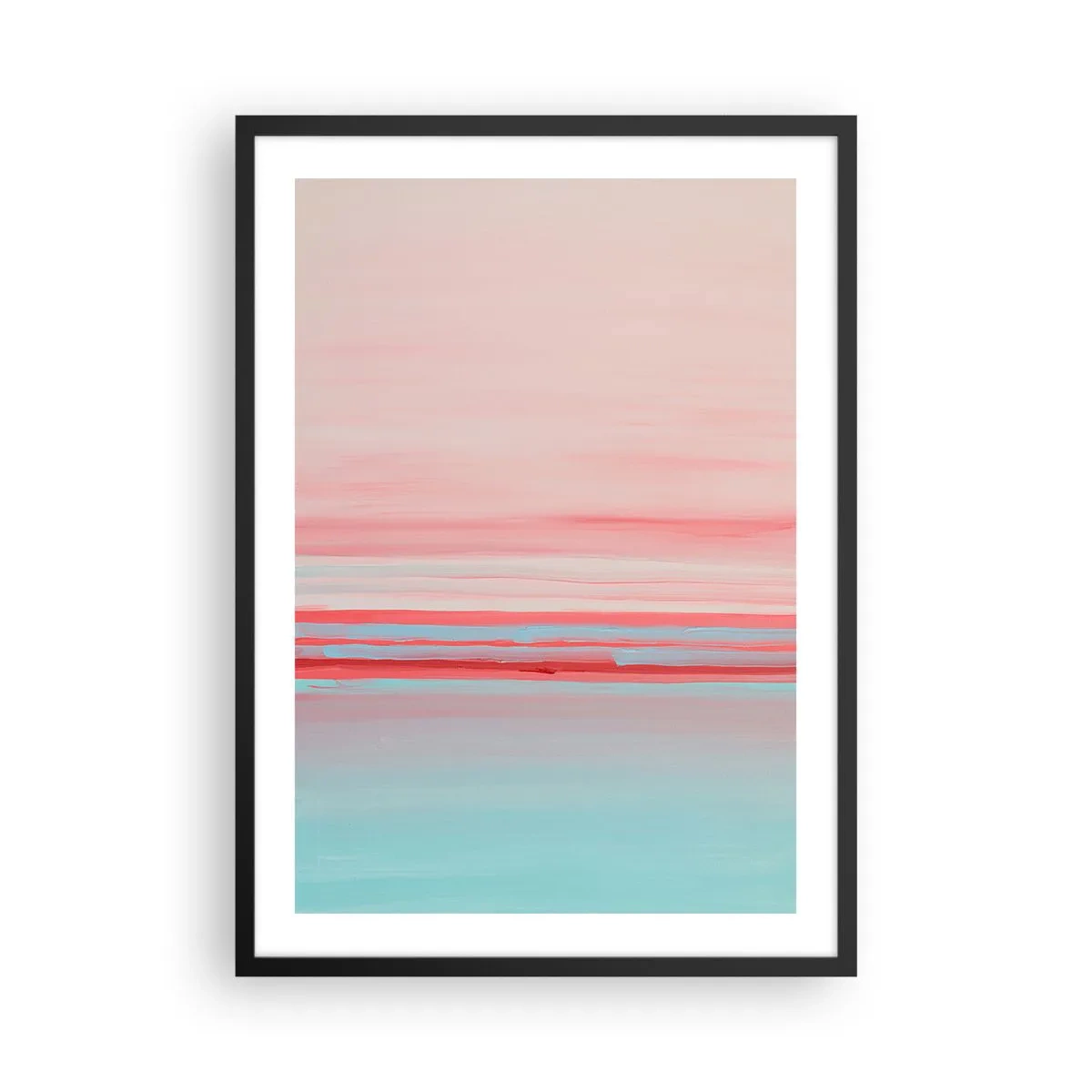 Plakát v černém rámu - Jemná abstrakce v pastelových odstínech růžové a modré. - 50x70cm - Abstrakce za úsvitu - Moderní nástěnná dekorace do obývacího pokoje a ložnice ARTTOR