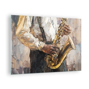 Obraz na skle - Hudebník hrající na saxofon malovaný technikou impasto - 70x50cm - Čas na sólovou hru - Moderní nástěnná dekorace do obývacího pokoje a ložnice ARTTOR