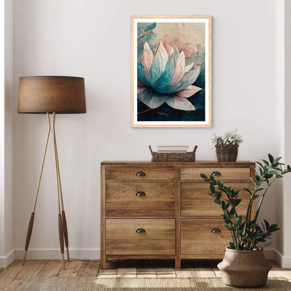 Plakát v rámu světlý dub - Hvězdy a jezero - 40x50 cm