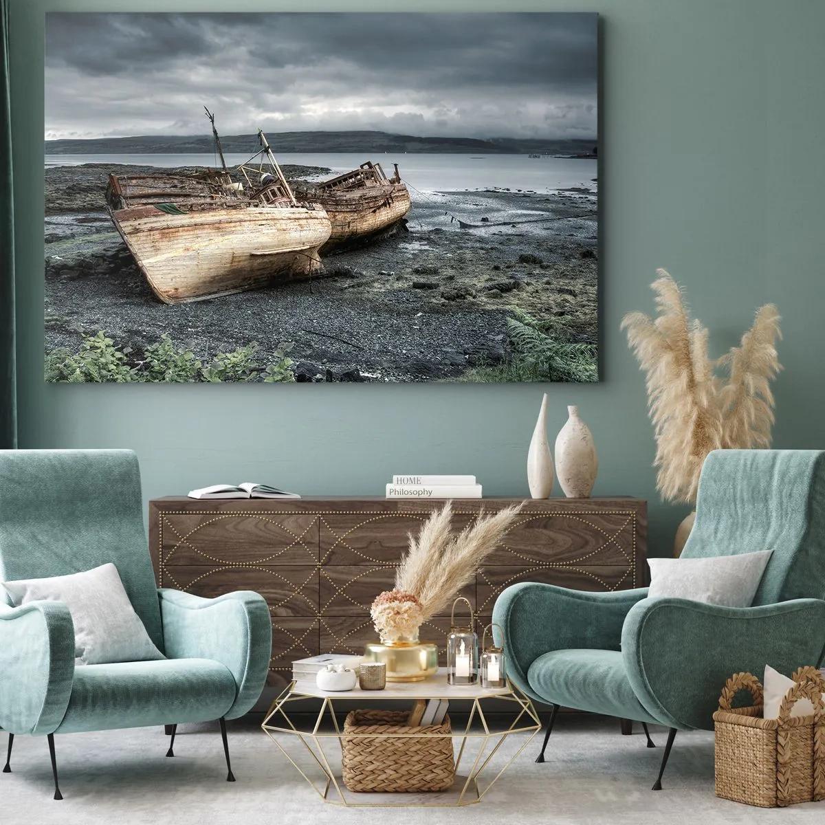 Obraz na plátně - Opuštěné lodě na břehu v deštivé scéně - 70x50cm - „Na znamení důstojně splněných potíží“ - Moderní nástěnná dekorace do obývacího pokoje a ložnice ARTTOR