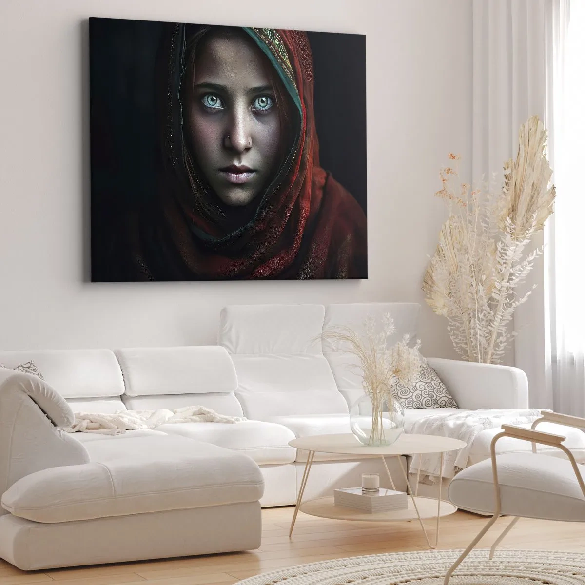 Obraz na plátně - Portrét ženy s intenzivním pohledem v teplých barvách - 70x50cm - Východní princezna - Moderní nástěnná dekorace do obývacího pokoje a ložnice ARTTOR