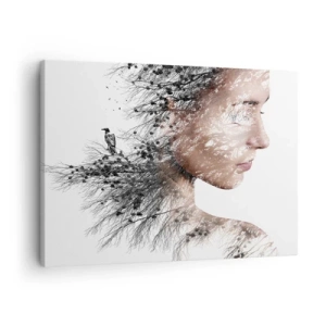 Obraz na plátně - Silueta ženy s motivem větve a ptáka v pozadí - 70x50cm - Duch lesa - Moderní nástěnná dekorace do obývacího pokoje a ložnice ARTTOR