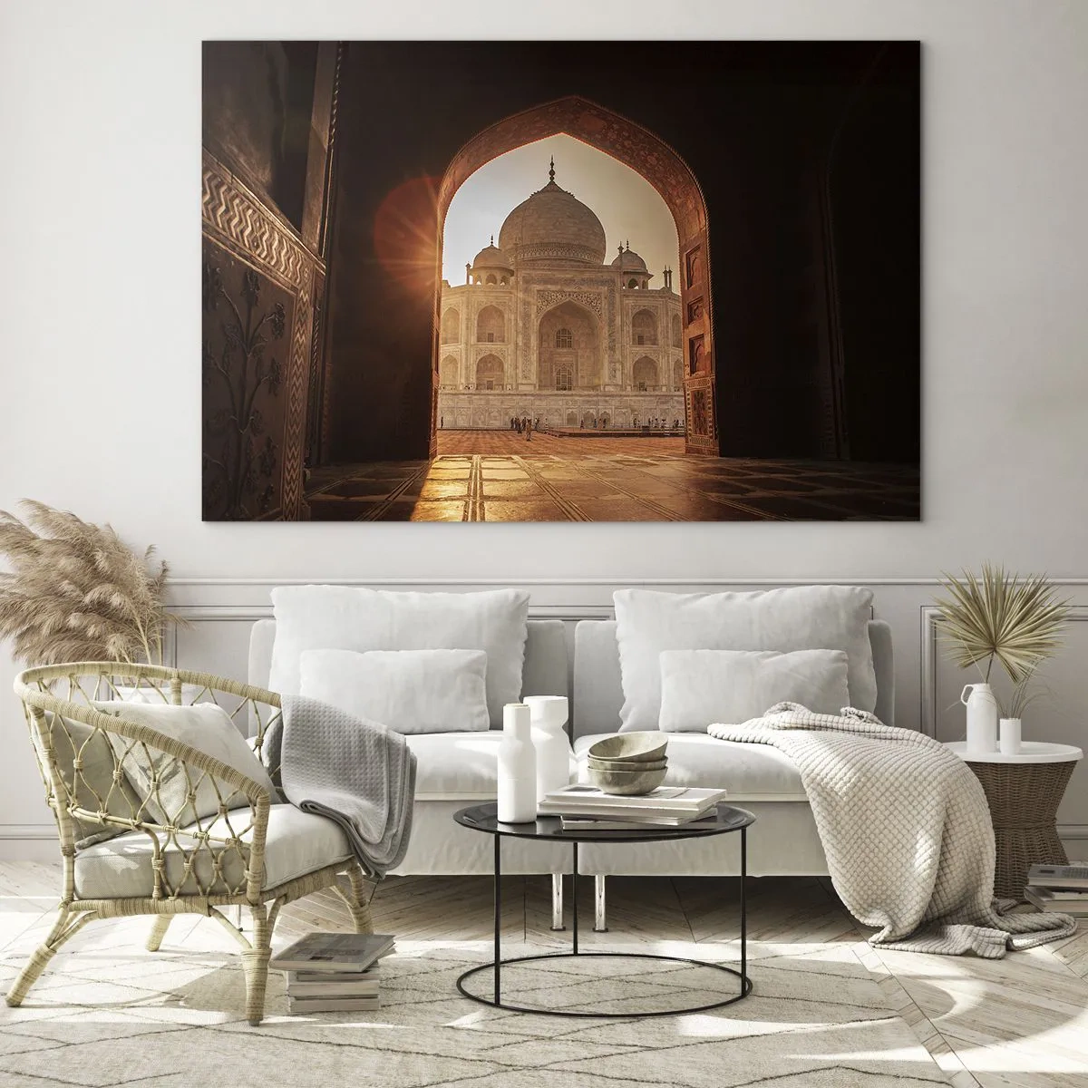 Obraz na skle - Západ slunce nad monumentální budovou vidět skrz oblouk - 70x50cm - Památník nadpozemské lásky - Moderní nástěnná dekorace do obývacího pokoje a ložnice ARTTOR