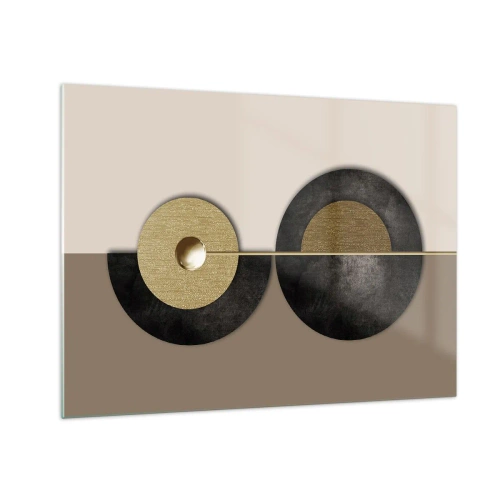 Obraz na skle - Geometrické kruhy ve zlaté a černé barvě na béžovém pozadí - 70x50cm - Variace kolem kruhu - Moderní nástěnná dekorace do obývacího pokoje a ložnice ARTTOR