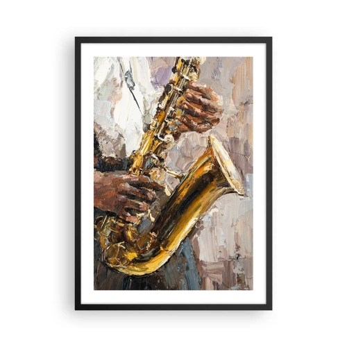 Plakát v černém rámu - Saxofonista hrající v uměleckém malířském stylu - 50x70cm - Čas na sólovou hru - Moderní nástěnná dekorace do obývacího pokoje a ložnice ARTTOR