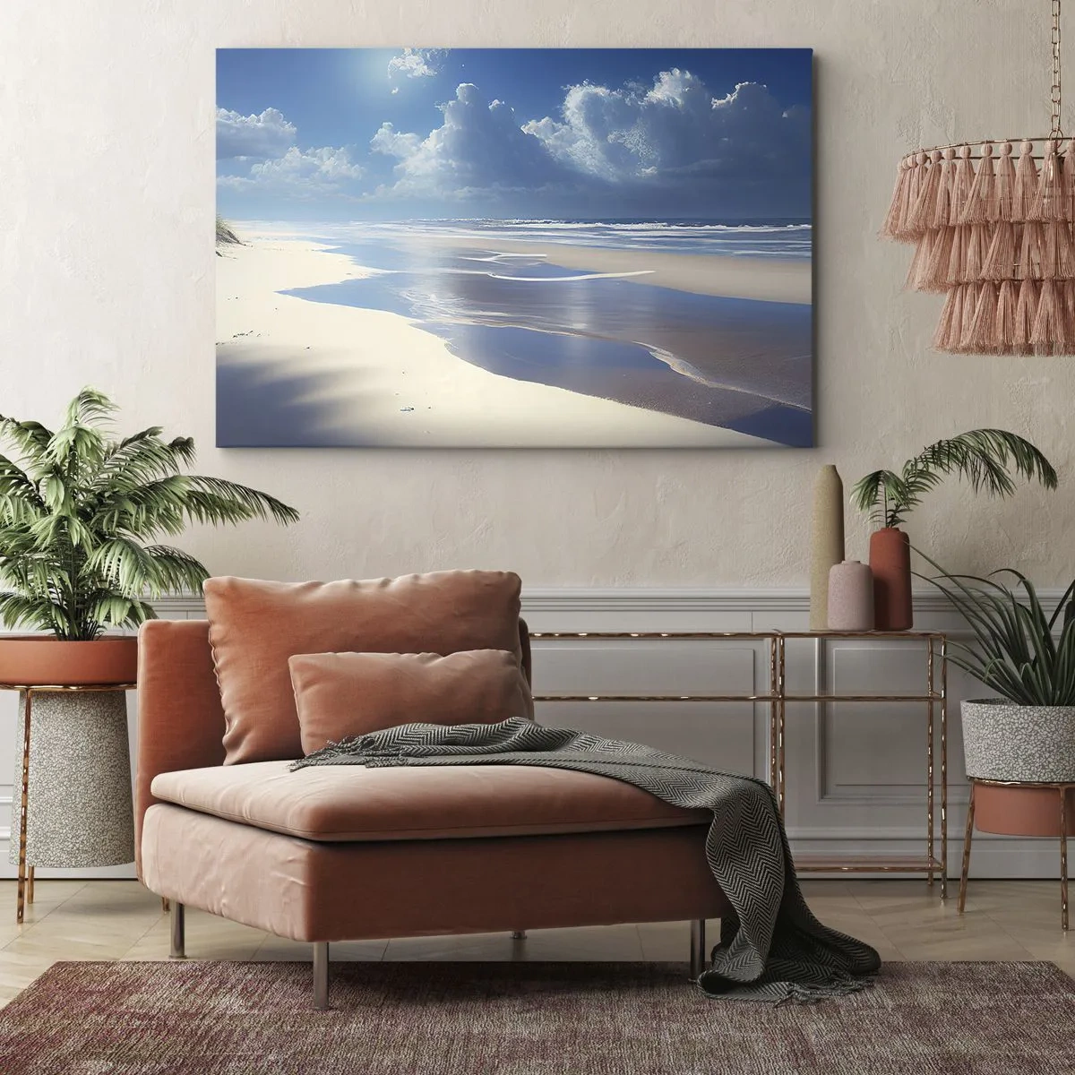 Obraz na plátně - Písečná pláž s vlnami pod modrou oblohou - 70x50cm - Dovolená v ráji - Moderní nástěnná dekorace do obývacího pokoje a ložnice ARTTOR
