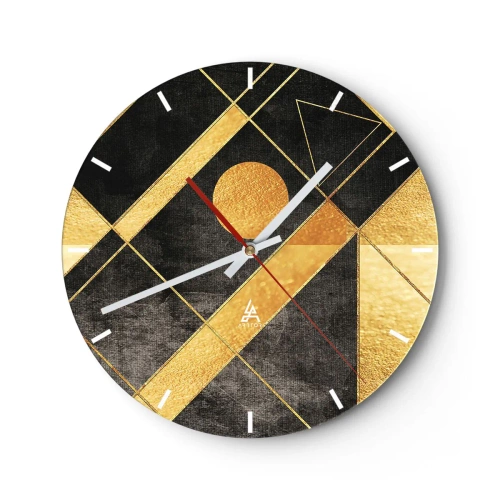 Nástěnné hodiny - Zlaté geometrické tvary na černém pozadí s motivem slunce - 30x30cm - Slunce pouště - Moderní nástěnná dekorace do obývacího pokoje, kuchyně a ložnice ARTTOR