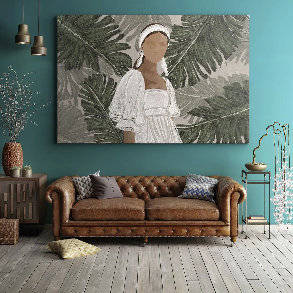Obraz na plátně - Portrét ženy v bílých šatech na pozadí listů monstery - 70x50cm - Exotický portrét - Moderní nástěnná dekorace do obývacího pokoje a ložnice ARTTOR
