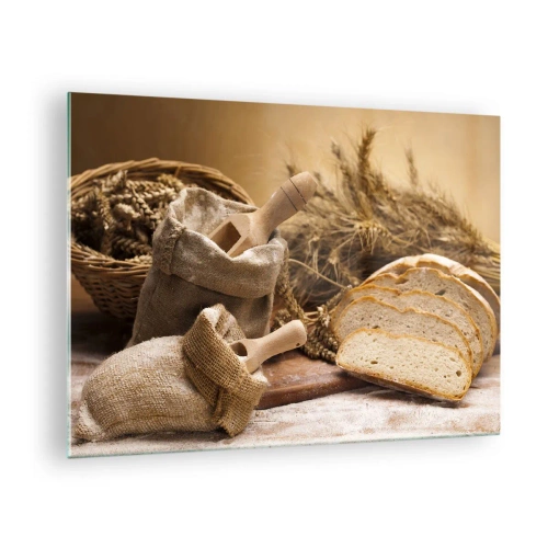 Obraz na skle - Chléb, mouka a klasy obilí v rustikálním stylu - 70x50cm - Jako utnout nožem - Moderní nástěnná dekorace do obývacího pokoje a ložnice ARTTOR