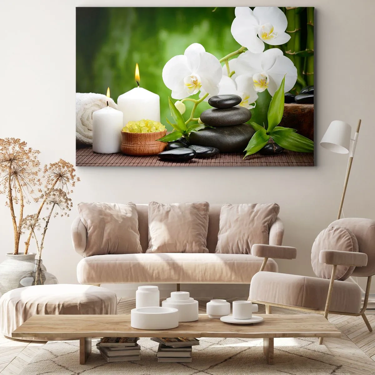 Obraz na plátně - Orchideje, svíčky a kameny obklopené přírodou - 70x50cm - Voňavý, květinový, jemný dotek - Moderní nástěnná dekorace do obývacího pokoje a ložnice ARTTOR
