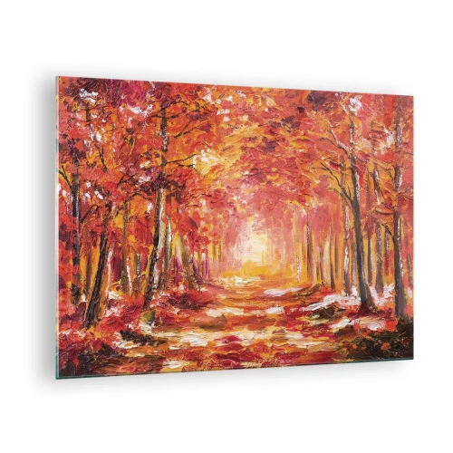 Obraz na skle - Podzimní krajina se stromy v teplých barvách - 70x50cm - Měděný les - Moderní nástěnná dekorace do obývacího pokoje a ložnice ARTTOR