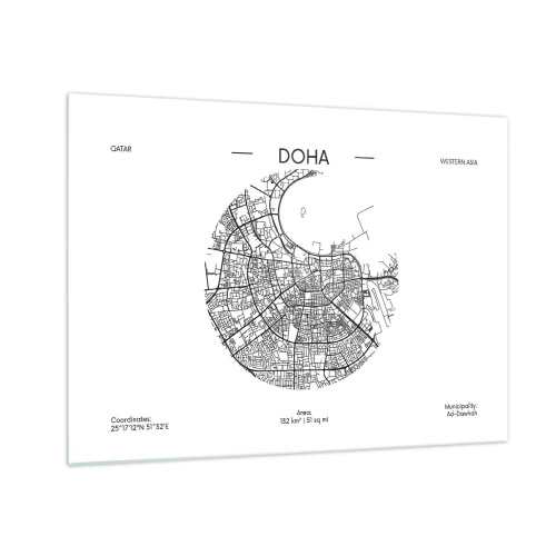 Obraz na skle - Grafická mapa Dauhá v minimalistickém černobílém stylu. - 70x50cm - Anatomie Dauhá - Moderní nástěnná dekorace do obývacího pokoje a ložnice ARTTOR