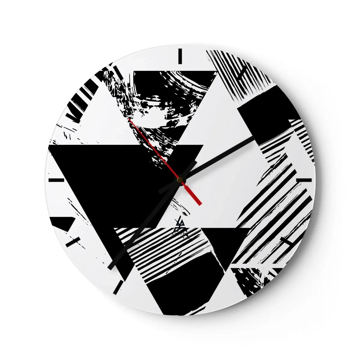 Nástěnné hodiny - Černobílá geometrická kompozice s trojúhelníky - 30x30cm - Déšť trojúhelníků - Moderní nástěnná dekorace do obývacího pokoje, kuchyně a ložnice ARTTOR