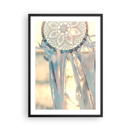 Plakát v černém rámu - Krajkový lapač snů v záři zapadajícího slunce se světlým pozadím - 50x70cm - Krajkový totem - Moderní nástěnná dekorace do obývacího pokoje a ložnice ARTTOR