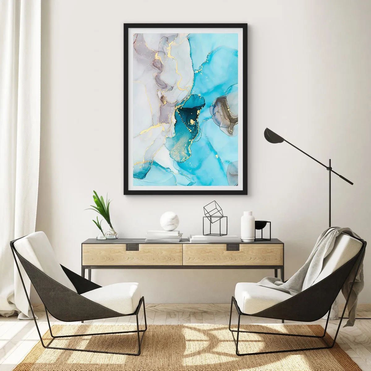 Plakát v černém rámu - Studie o setkání šedé a tyrkysové - 61x91 cm