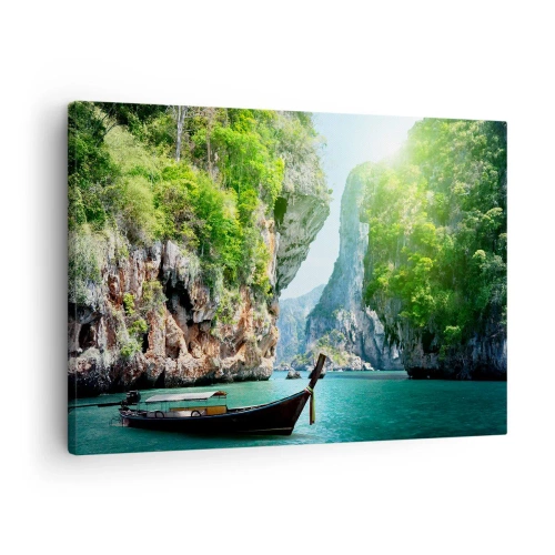 Obraz na plátně - Tradiční loď na pozadí tropických útesů a tyrkysové vody - 70x50cm - Pozvánka na exotickou cestu - Moderní nástěnná dekorace do obývacího pokoje a ložnice ARTTOR