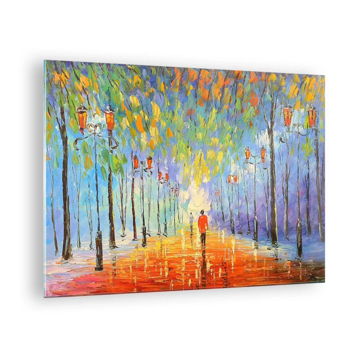 Obraz na skle - Barevný park s alejí a lucernami v malířském stylu - 70x50cm - Noční píseň deště - Moderní nástěnná dekorace do obývacího pokoje a ložnice ARTTOR