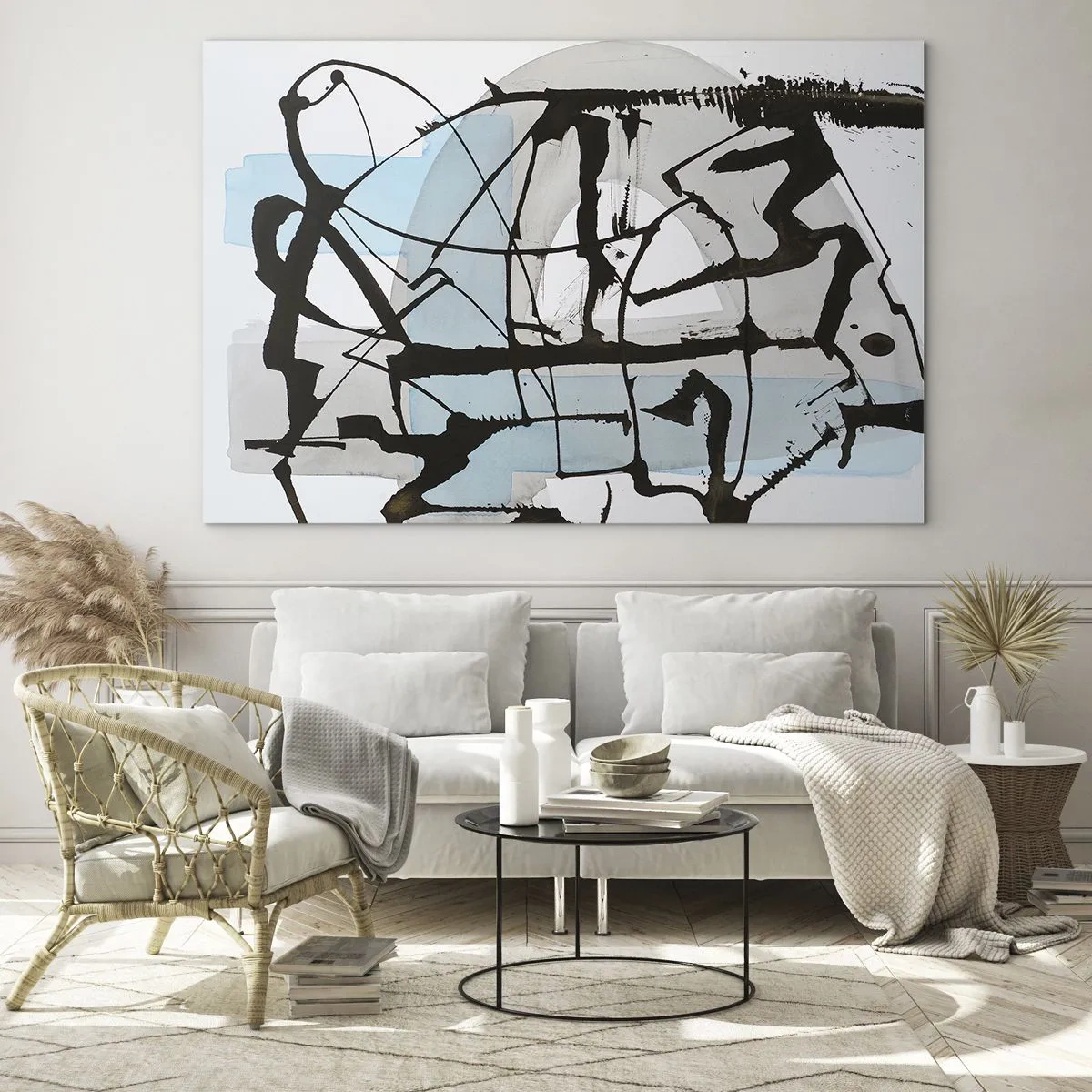 Obraz na skle - Abstraktní kompozice s černou skicou a modrými skvrnami - 70x50cm - Přesto modrá - Moderní nástěnná dekorace do obývacího pokoje a ložnice ARTTOR