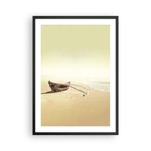 Plakát v černém rámu - Osamělá dřevěná loď na prázdné pláži v pastelových barvách. - 50x70cm - Vzpomínka na jižní moře - Moderní nástěnná dekorace do obývacího pokoje a ložnice ARTTOR