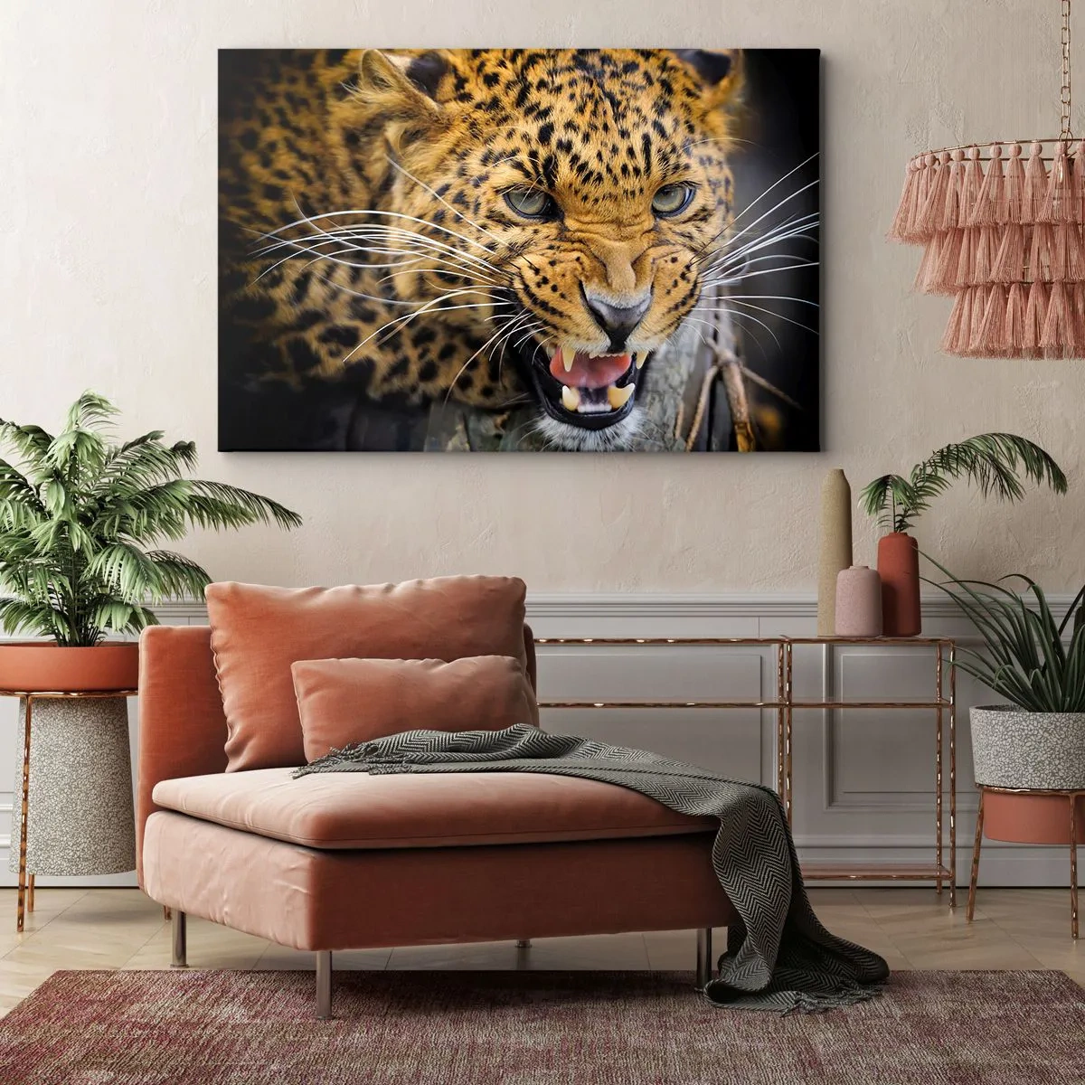 Obraz na plátně - Detailní záběr hrozivého leoparda s obnaženými tesáky. - 70x50cm - Nepřibližuj se, varuji! - Moderní nástěnná dekorace do obývacího pokoje a ložnice ARTTOR