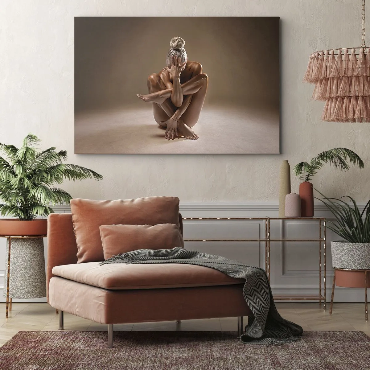 Obraz na plátně - Umělecká silueta ženy na béžovém pozadí - 70x50cm - Jednota těla a ducha - Moderní nástěnná dekorace do obývacího pokoje a ložnice ARTTOR