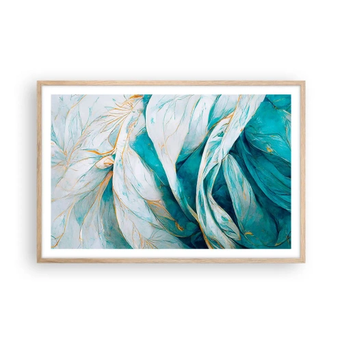 Plakát v rámu světlý dub - Modrá abstrakce se zlatým motivem - 91x61 cm