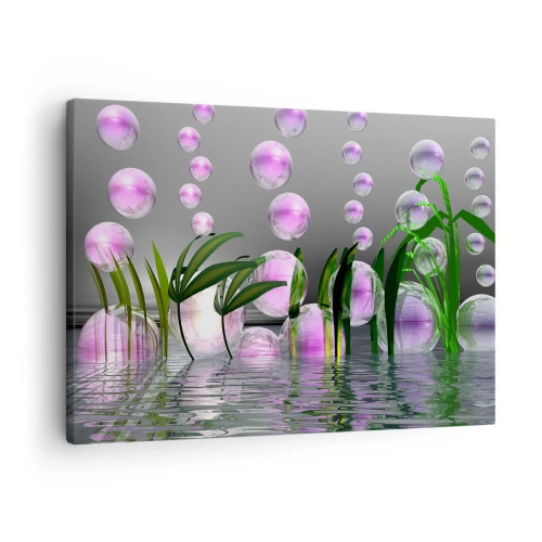 Obraz na plátně - Zelené listy a růžové bubliny nad vodou na šedém pozadí - 70x50cm - Reflexní kompozice lehkosti a života - Moderní nástěnná dekorace do obývacího pokoje a ložnice ARTTOR