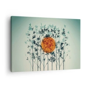 Obraz na plátně - Oranžové slunce mezi bambusovými větvemi - 70x50cm - Japonské slunce - Moderní nástěnná dekorace do obývacího pokoje a ložnice ARTTOR