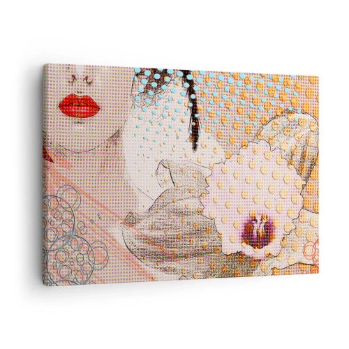 Obraz na plátně - Abstraktní umělecké dílo s motivem úst a orchideje - 70x50cm - Komiksový heroin - Moderní nástěnná dekorace do obývacího pokoje a ložnice ARTTOR