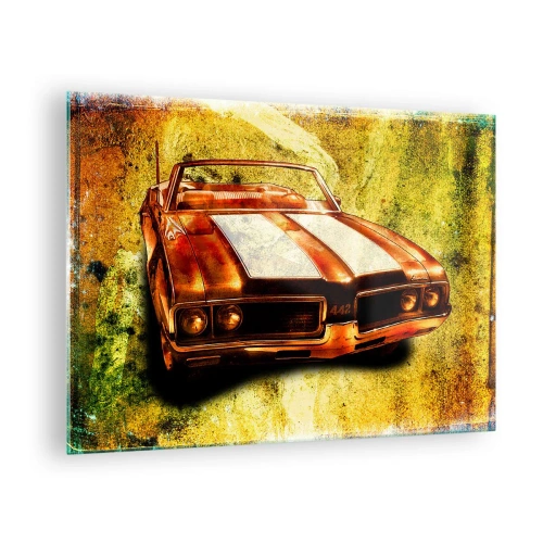 Obraz na skle - Vintage sportovní kabriolet na uměleckém pozadí - 70x50cm - Síla začarovaná do tvarů - Moderní nástěnná dekorace do obývacího pokoje a ložnice ARTTOR
