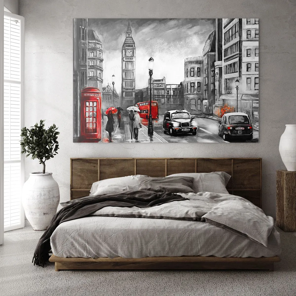 Obraz na skle - Big Ben a ulice Londýna s červenými akcenty na šedém pozadí - 70x50cm - Vůbec ne šedé město - Moderní nástěnná dekorace do obývacího pokoje a ložnice ARTTOR