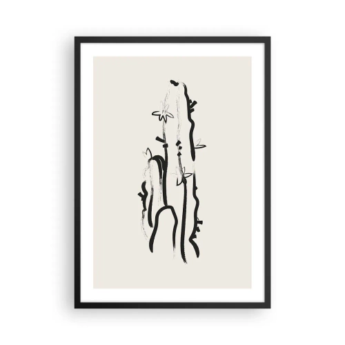 Plakát v černém rámu - Minimalistická kresba kaktusu - 50x70cm - Kvetoucí bylina - Moderní nástěnná dekorace do obývacího pokoje a ložnice ARTTOR
