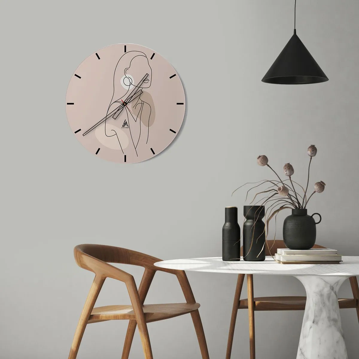 Nástěnné hodiny - Minimalistická linie ženské siluety na béžovém pozadí - 30x30cm - Dívčí ikona - Moderní nástěnná dekorace do obývacího pokoje, kuchyně a ložnice ARTTOR